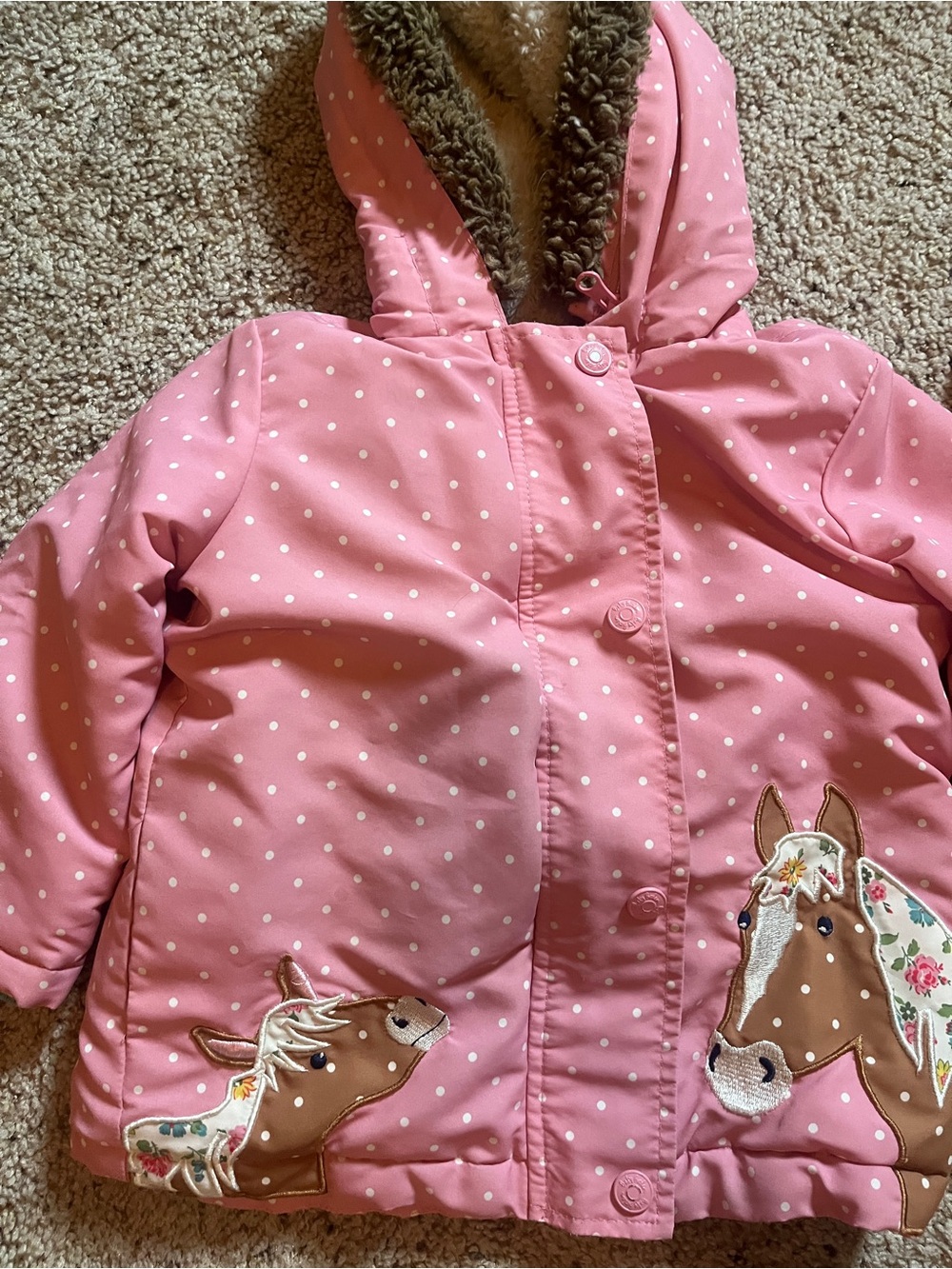 Mini Boden Pink Polka Dot Hooded Horse Appliqué Coat